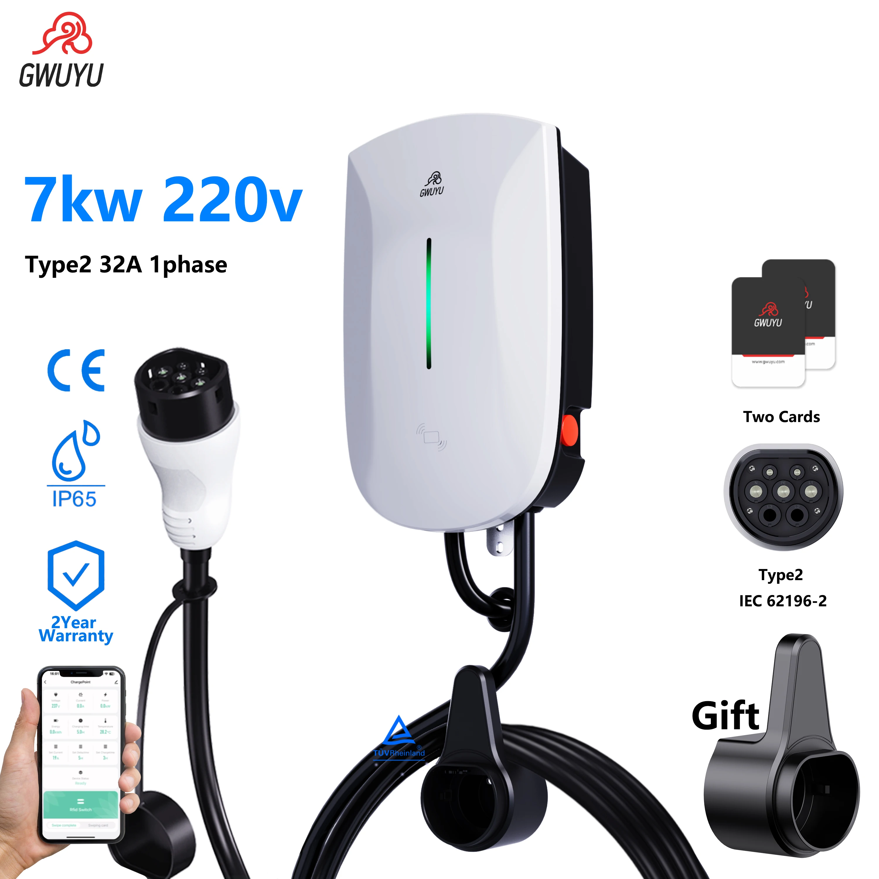 GWUYU EV-laadstation 16/32A elektrische autolader EVSE Wallbox Wallmount 7/11/22KW Type2-kabel IEC62196 APP-bediening