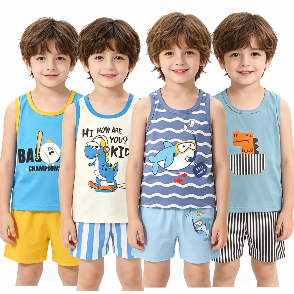 Summer Children's Sets Toddler Boys Cartoon Pure Cotton Tracksuit Soft Kids Vest+Shorts 2Pcs Clothing Sets Baby Cute Clothes
