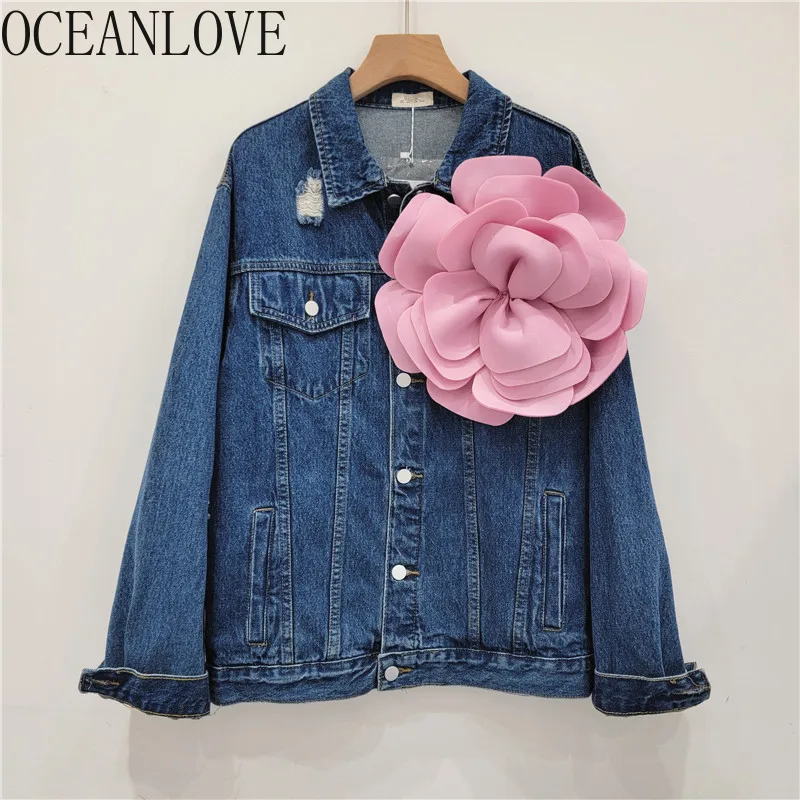 OCEANLOVE 3D kwiaty jeansowe kurtki dla kobiet Vintage Ins moda jesień zima Chaquetas Mujer luźne Patchwprk Veste Femme