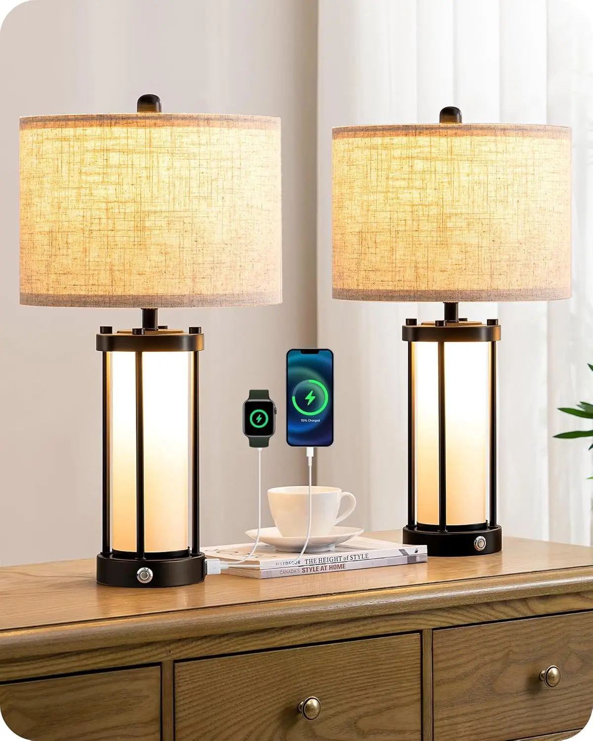 

22.44' Farmhouse Table Lamps Set of 2, Dimmable Touch Control with Night Light, Rustic Bedside Lamps for Bedroom & Living