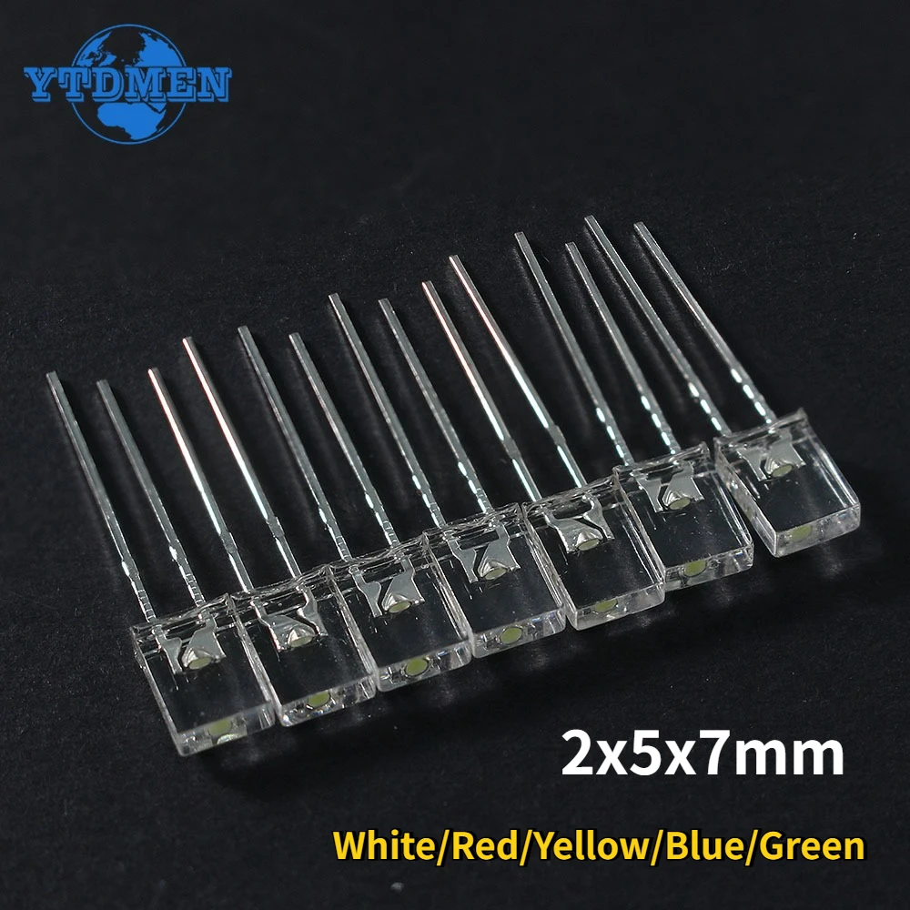 100PCS 2x5x7mm Square Transparent LED Diodes & Indicator Lights 5 Colors(White/Red/Yellow/Green/Blue) for DIY PCB / for Arduino