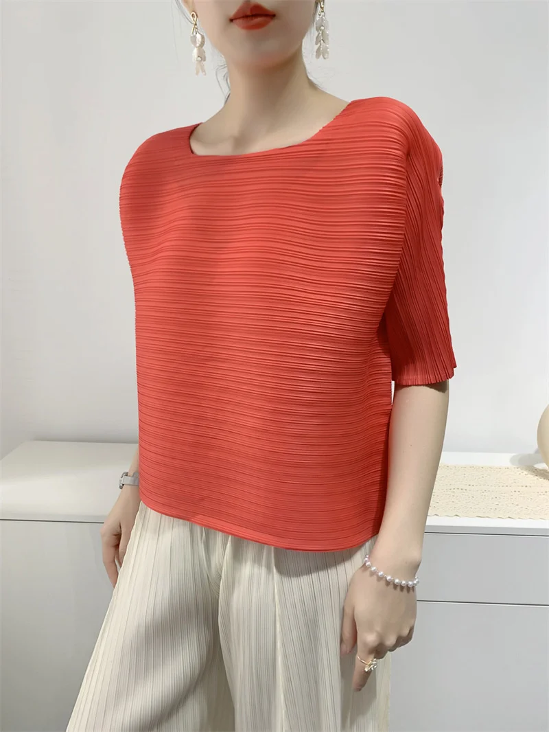 YUDX Miyake Pleated Square Collar Short T-shirt Women Half Sleeve Solid Color Loose Pullover 2023 Summer Female New Clothing