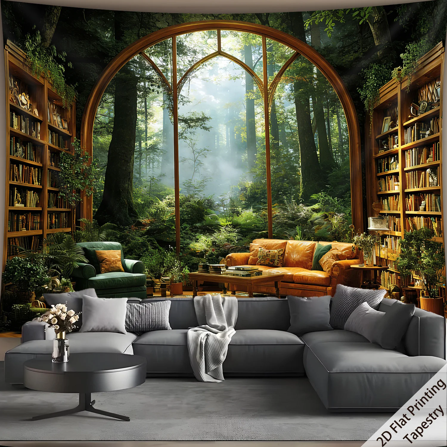 Forest Tapestry Wall Hanging Arched Window View Green Woods Library Bookshelf Tapestry Boho Home Decor for Bedroom Living Room