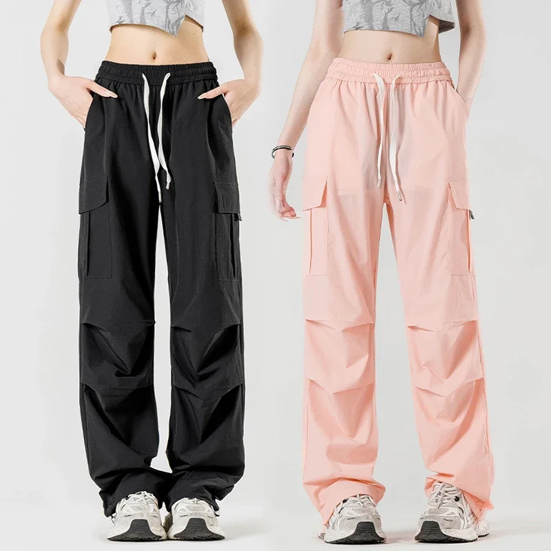 Women Sports Sweatpants Parachute Joggers Cargo Pants Wide Leg Chic Punk Pants Baggy Striped Trousers