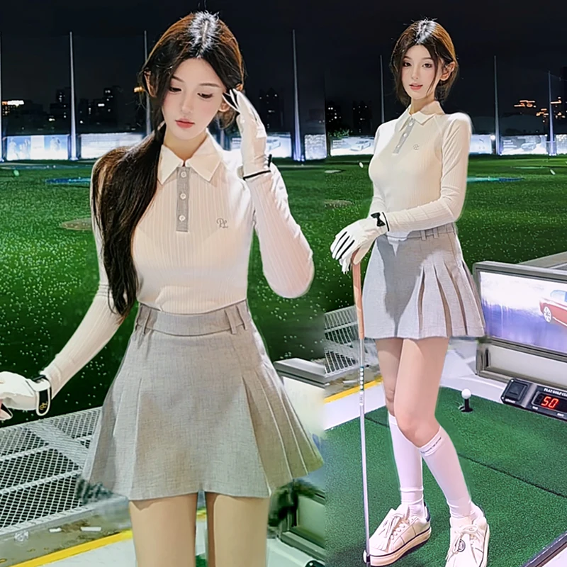PL Spring Golf Polo Shirts Vintage Women Quick-dry Long-sleeved T-shirt Lady Retro Pleated Short Skirt Tennis Skort with Short