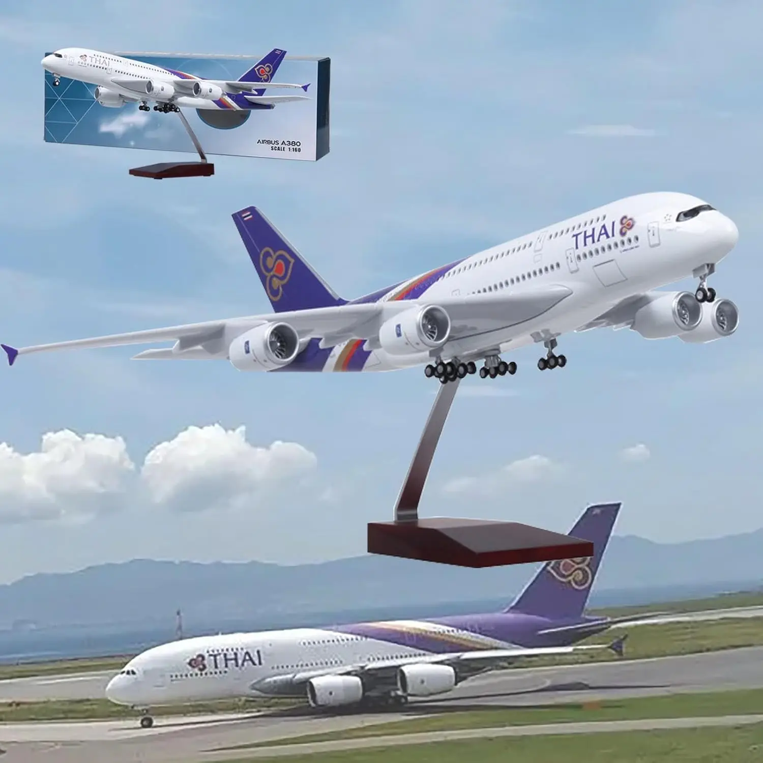 

Thai Airlines 47cm 1/160 Scale Airbus A380 Aircraft Model With Light & Wheel Diecast Airplanes For Collection Display Plane Toy