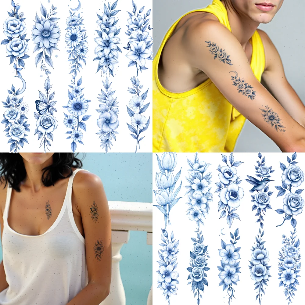 

9pcs Temporary Tattoo Botanical Designs Waterproof Long-lasting Body Stickers Floral Tattoos Blue Line For Back Ladies