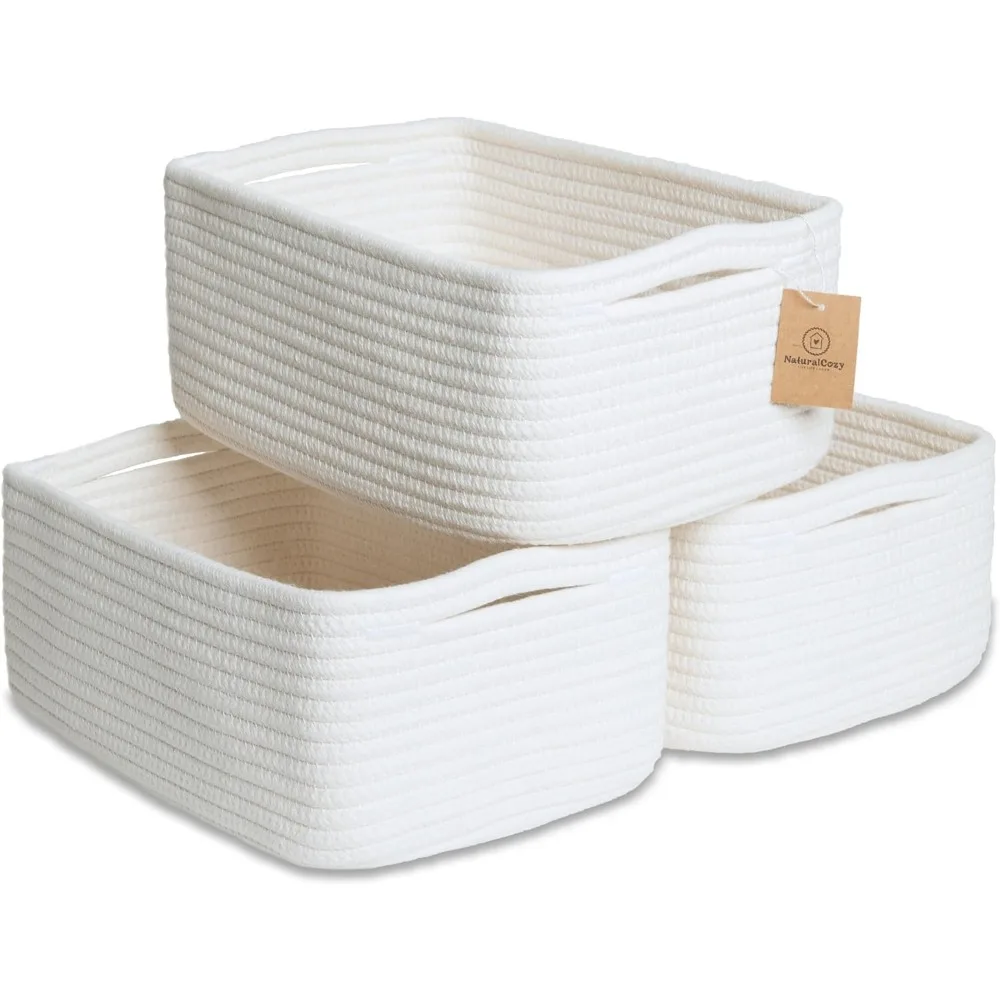 

Cotton Rope Woven Small Storage Baskets 3 Pack for Shelves Bathroom Closet Cube Decorative Organizing