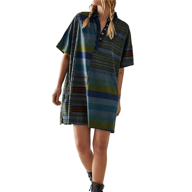 CGS-Women Contrast Striped Babydoll Y2k Summer Patchwork T- Shirt Dress Vintage V Neck Short Sleeve Dress