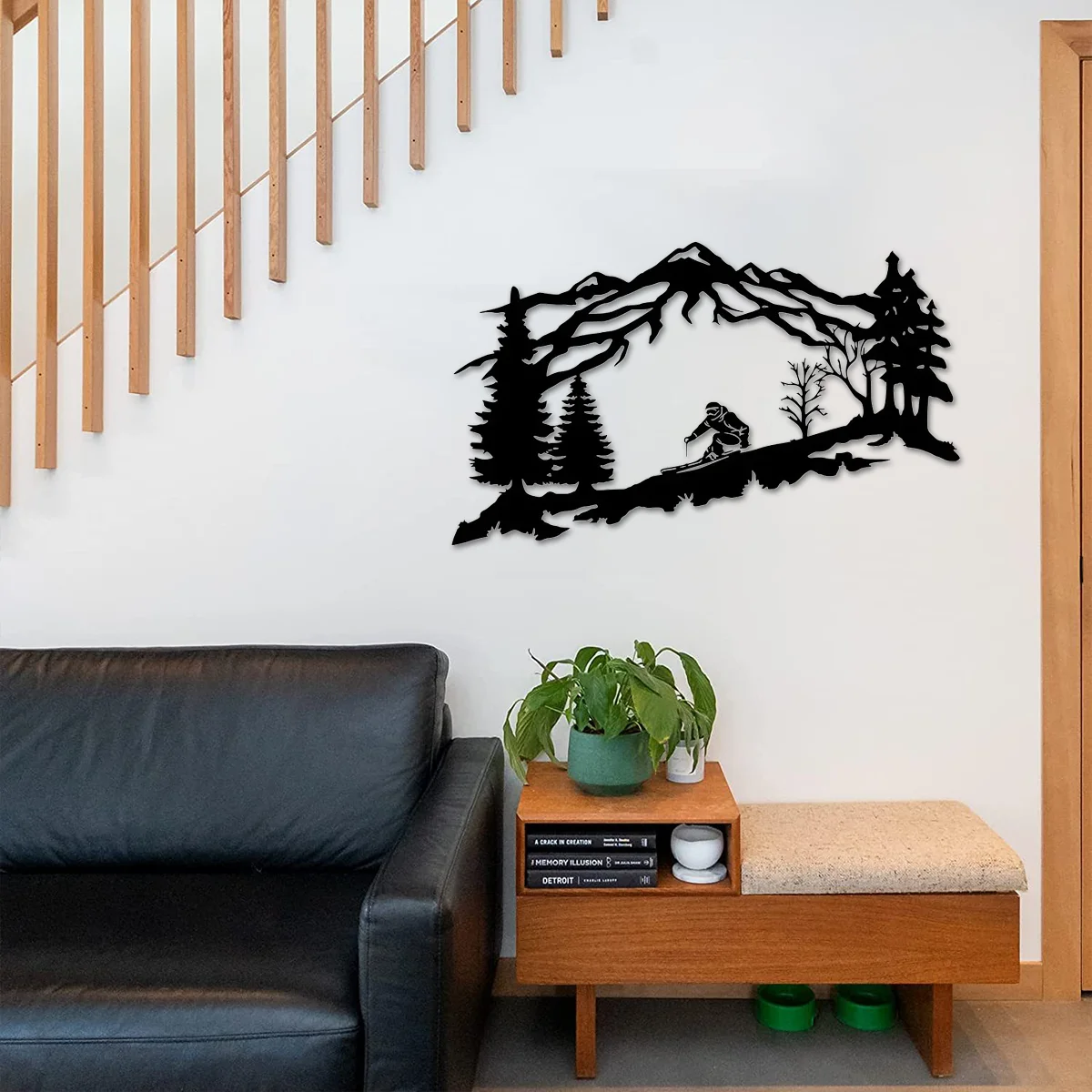 Metal Iron Skier Wall Mounted Art, Mountain and Trees Themed Wall Art Metal Decor, Ski Lover Gift Home Decor Metal Wall Hanging