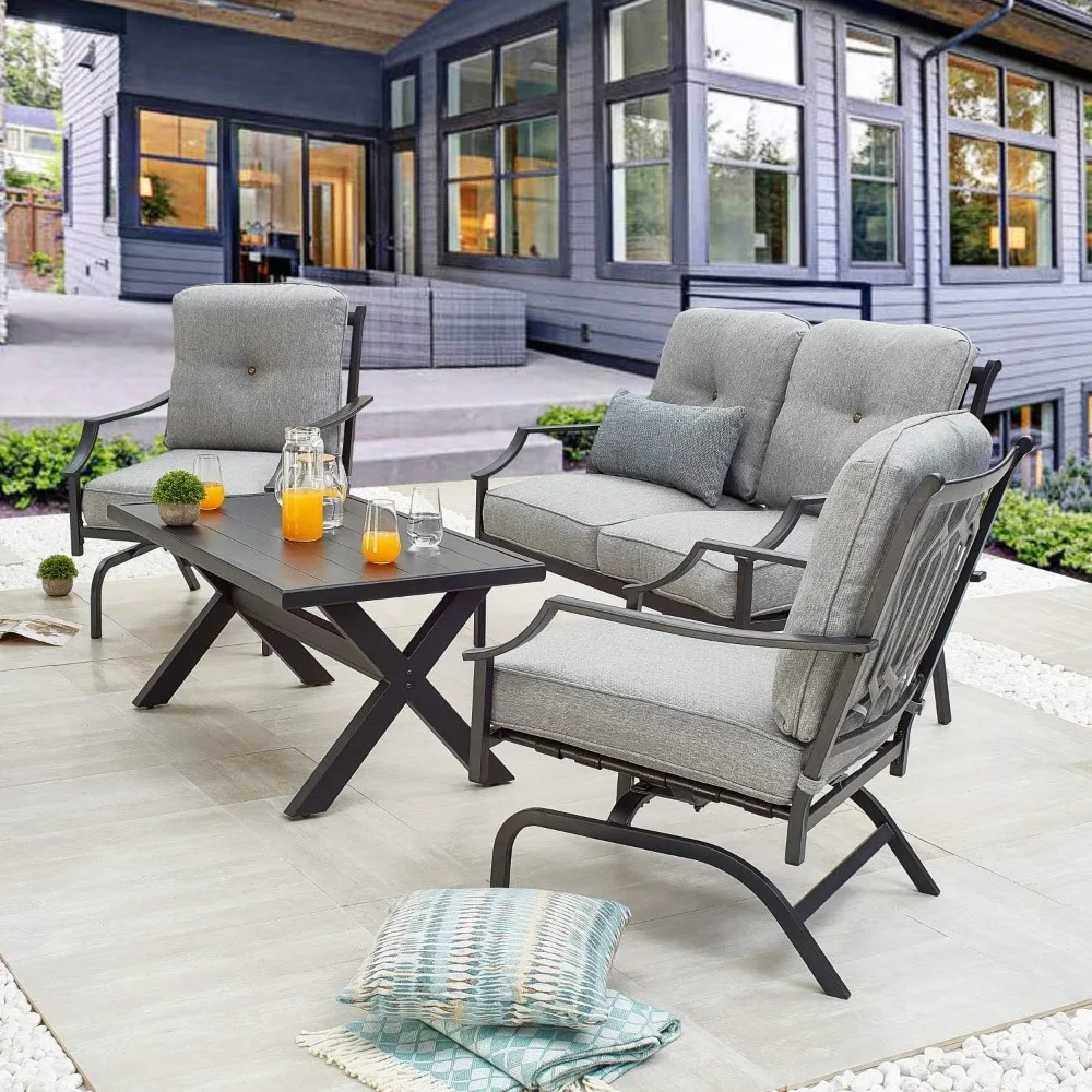 

4 Pices Patio Furniture Conversation Set,Metal Outdoor Furniture Set w/All Weather Cushioned Loveseat,Poolside Law