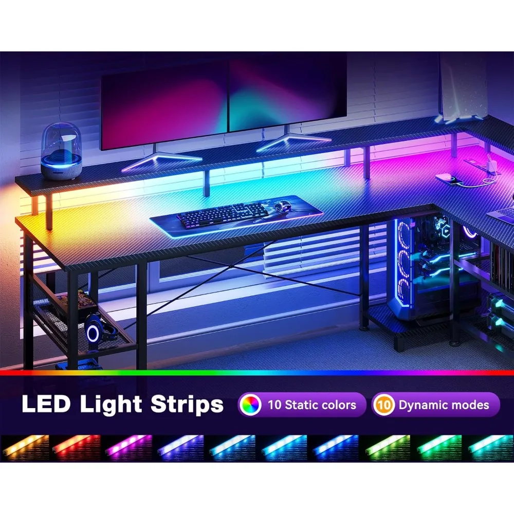 مكتب ألعاب على شكل حرف L بتصميم من ألياف الكربون ومخرج طاقة وإضاءة LED #6
