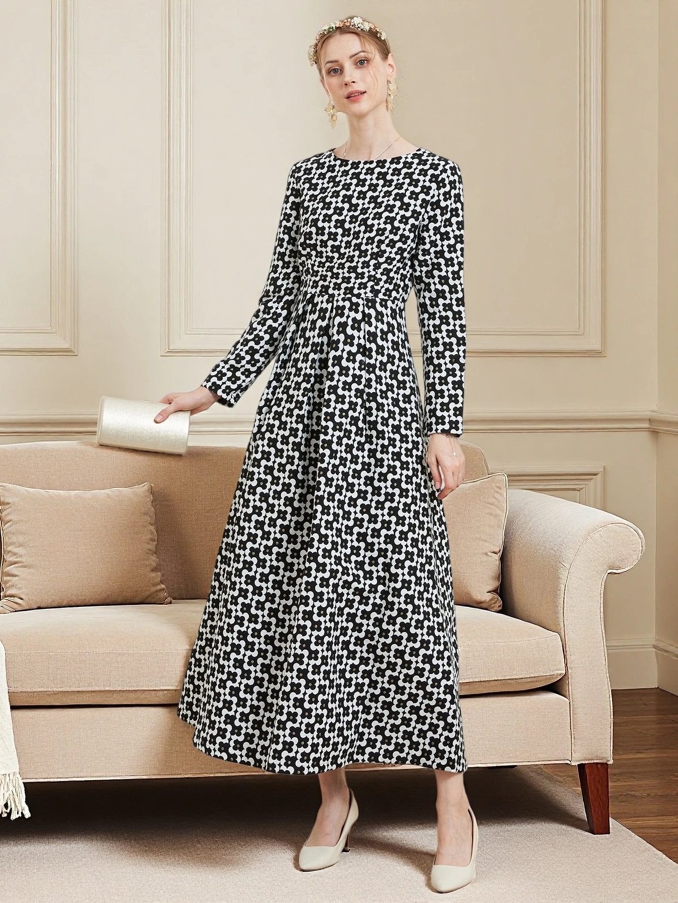 DEVCHATA Luxury Women Vintage Gold Thread Jacquard  Long Sleeve Dress Fashion Spring Autumn Floral Ladies Party dresses Clothing