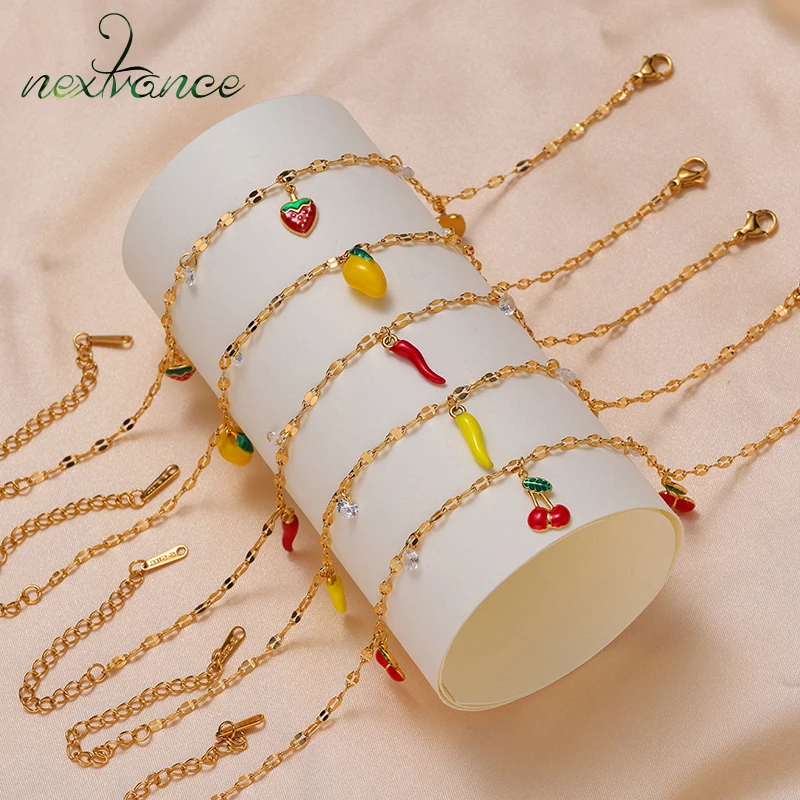 Nextvance Gold Plated Stainless Steel Anklet For Women Chili Strawberry Cherry Mango Charms Waterproof Ankle Chains Jewelry Gift