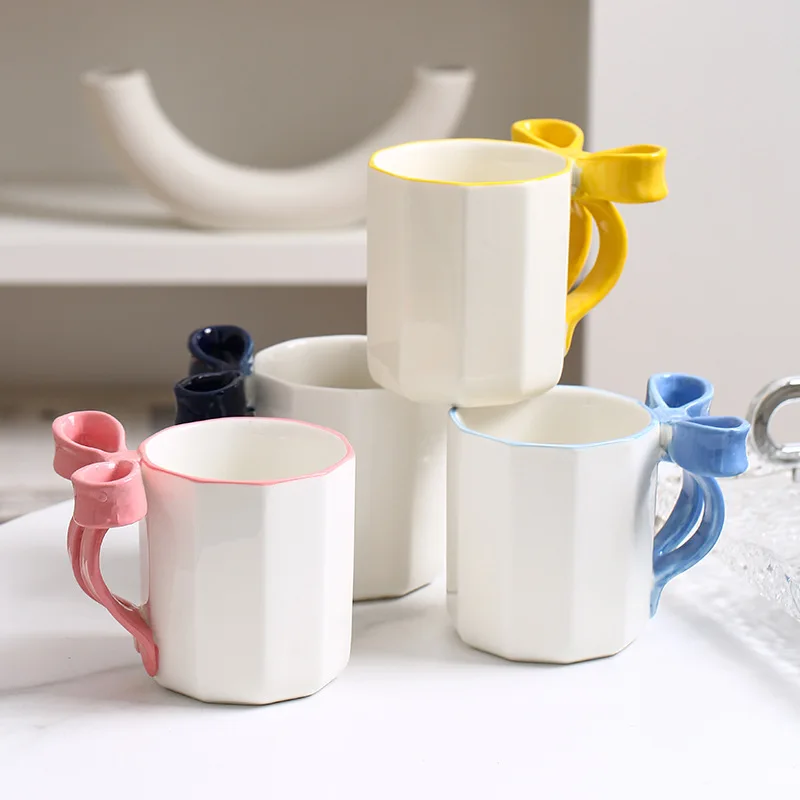 

3D Bow Pink Mug Ceramic Cup for Girls Couple Home Use Romantic Gift