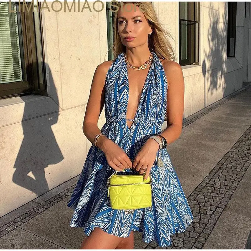 

New Women Dress Sexy Hollow Out Print Backless Sleeveless Mini Dresses Summer Fashion Beach Party Club Lady Vestidos