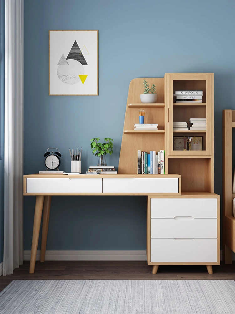 Solid Wood Desk and Bookshelf Combinação, adequado para pequenos alunos do agregado familiar, computador em casa, Nordic Escrita Desk, Estudo Minimalista