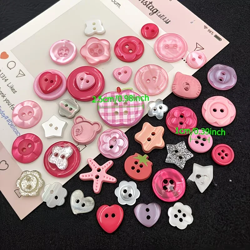 20 Random Patterns - Pink, Pink Checkered, Colorful Plastic DIY Buttons, Suitable for Scrapbooks, Clothing Decoration,