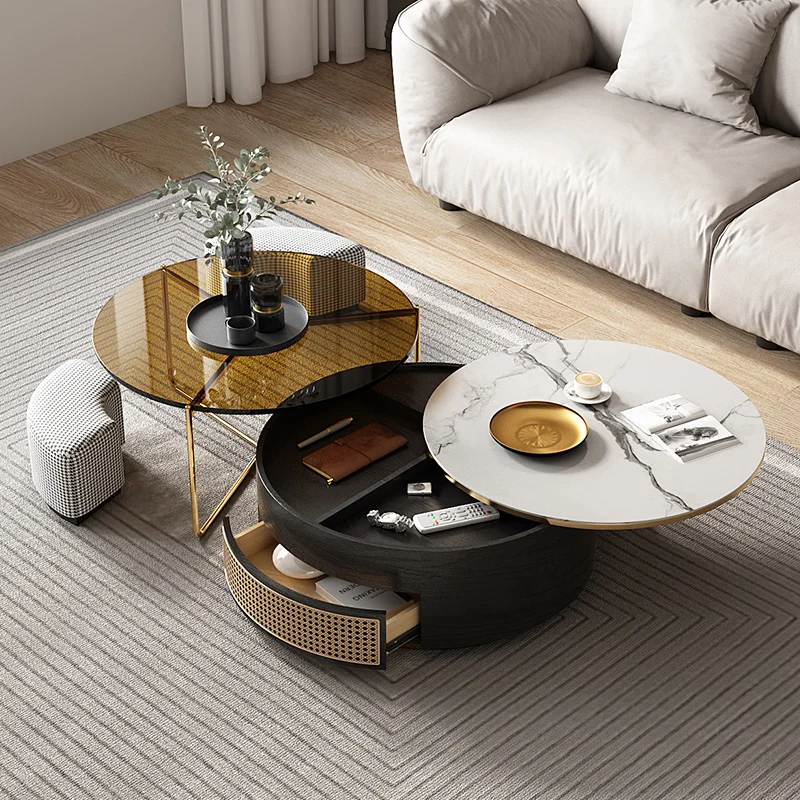 Nodic Round Rattan Coffee Table Set With Undertop Storage, Functional Display Table With Tempered Glass Side Table