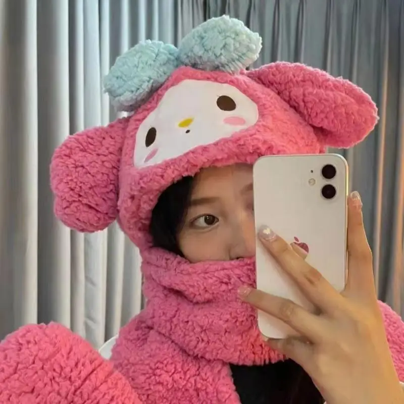 

Sanrio Plush Scarf Mymelody Strawberry Plush Hat Warmth In Winter Three Piece Scarf Hat and Gloves Set One-Piece Cap Female