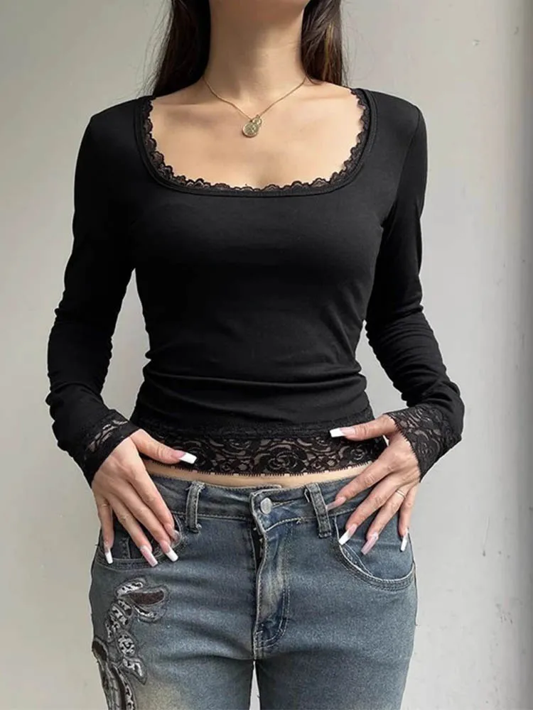 

2000s Graphic T Shirt Vintage Fairy Grunge Women Autumn Lace Trim Long Sleeve Slim Fits Tops y2k Clothes Basic Harajuku Tees