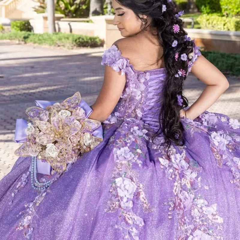 반짝이는 보라색 퀸시에라 드레스 크리스탈 글리터 데칼 3D 꽃 레이스 롱테일 베스티도스 데 15 퀸시에라 ﻿ 맞춤 제작