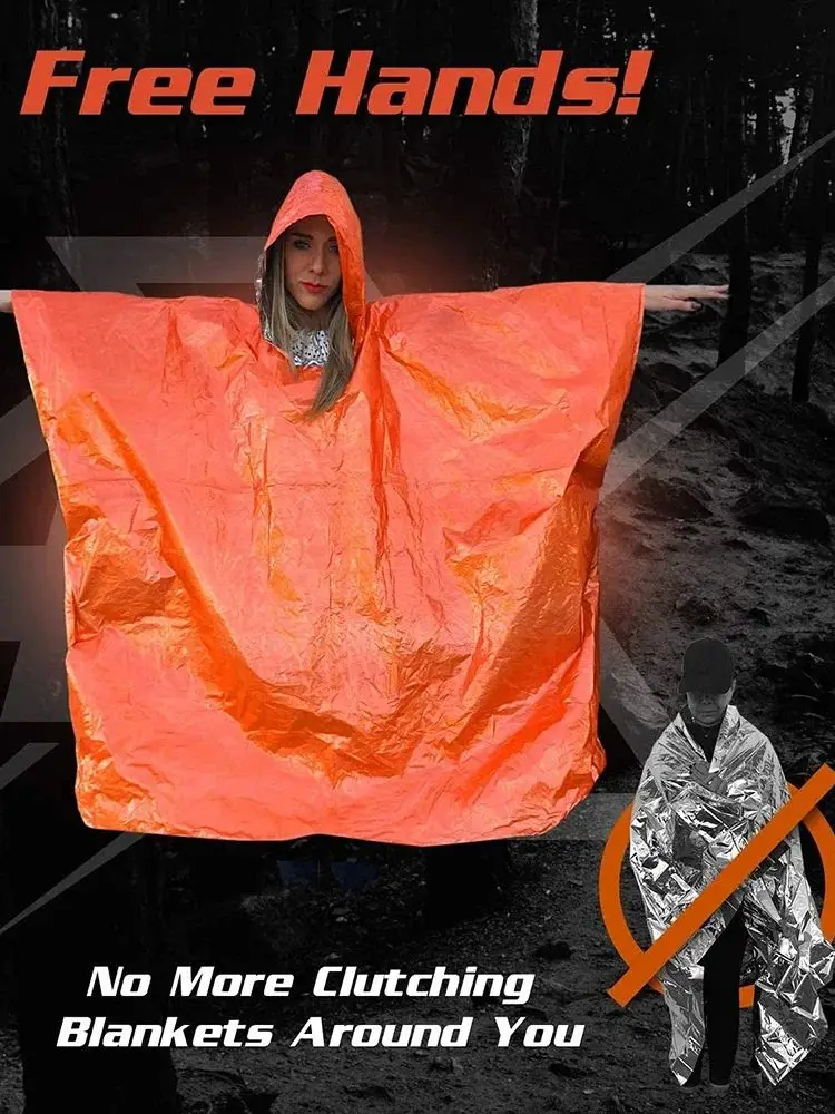 LIFE poncho Emergency Survival Rain Poncho Thermal Survival Space Blanket Raincoat Heat Reflective Waterproof for Camping Hiking