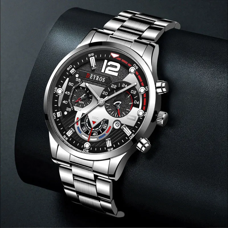 Fashion Men's Silver Watch Three Piece Set Mens Simple Casual Calendar Watches Men Stainless Steel Night Light Wishwatch