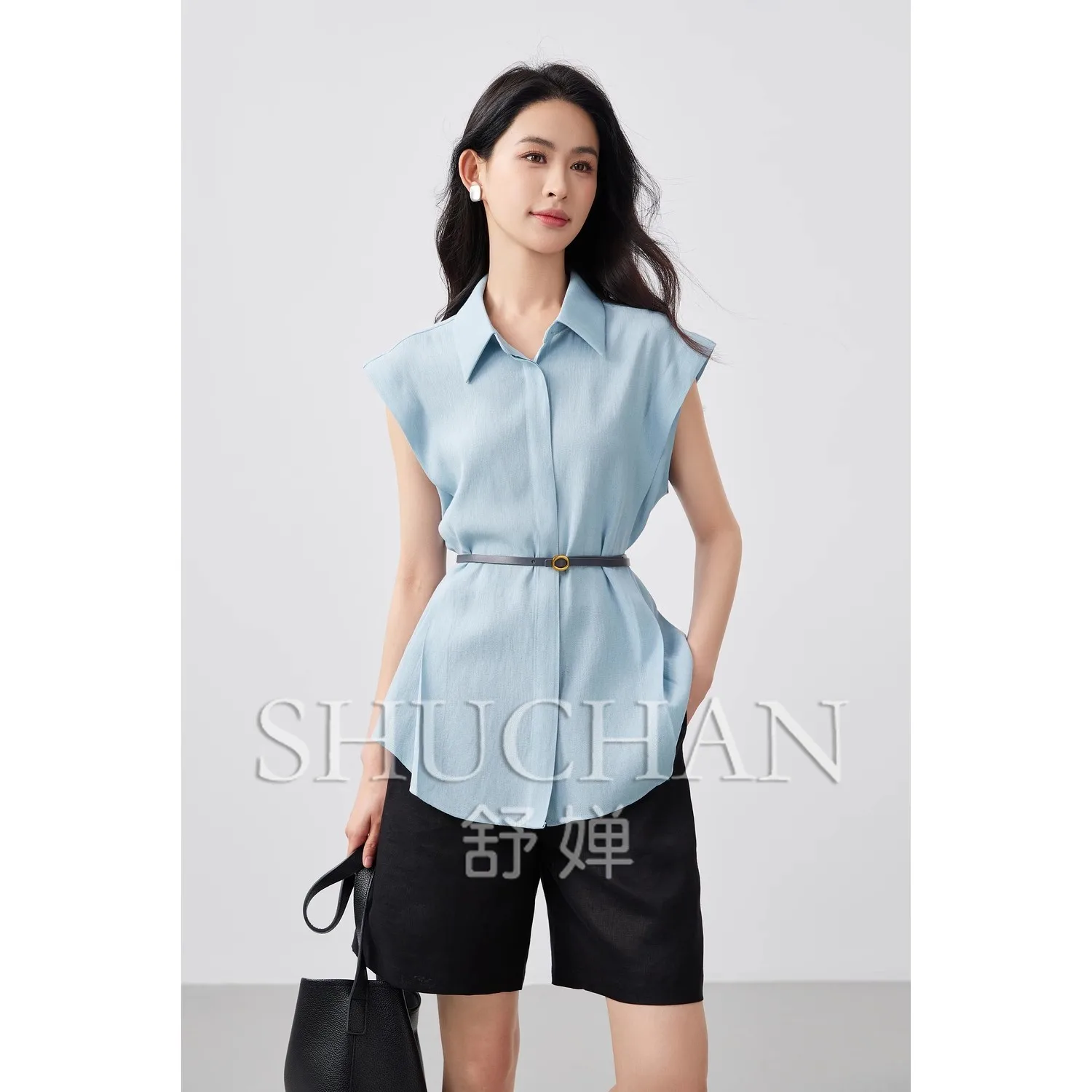 

Summer Simple and Elegant Vest Flying Sleeves with Belt Waist Lapel Solid Color Temperament Shirt Women Blusa Feminina
