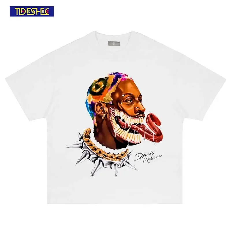 TIDESHEC Hip-Hop Streetwear Retro Portrait Tshirt Men Oversize Dennis Rodman T Shirt Cotton Mens Short Sleeve Vintage Tshirt