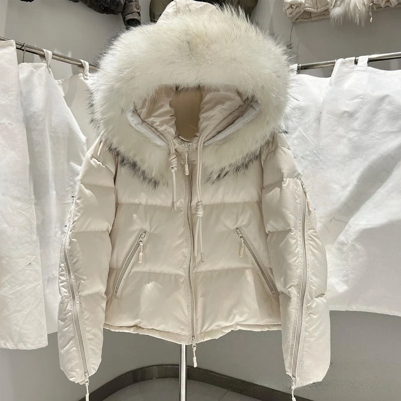 2026 Autumn Winter New Style Natural Raccoon Fur Collar Hooded Down Jacket Female Loose Leisure Keep Warm White Duck Down Coat