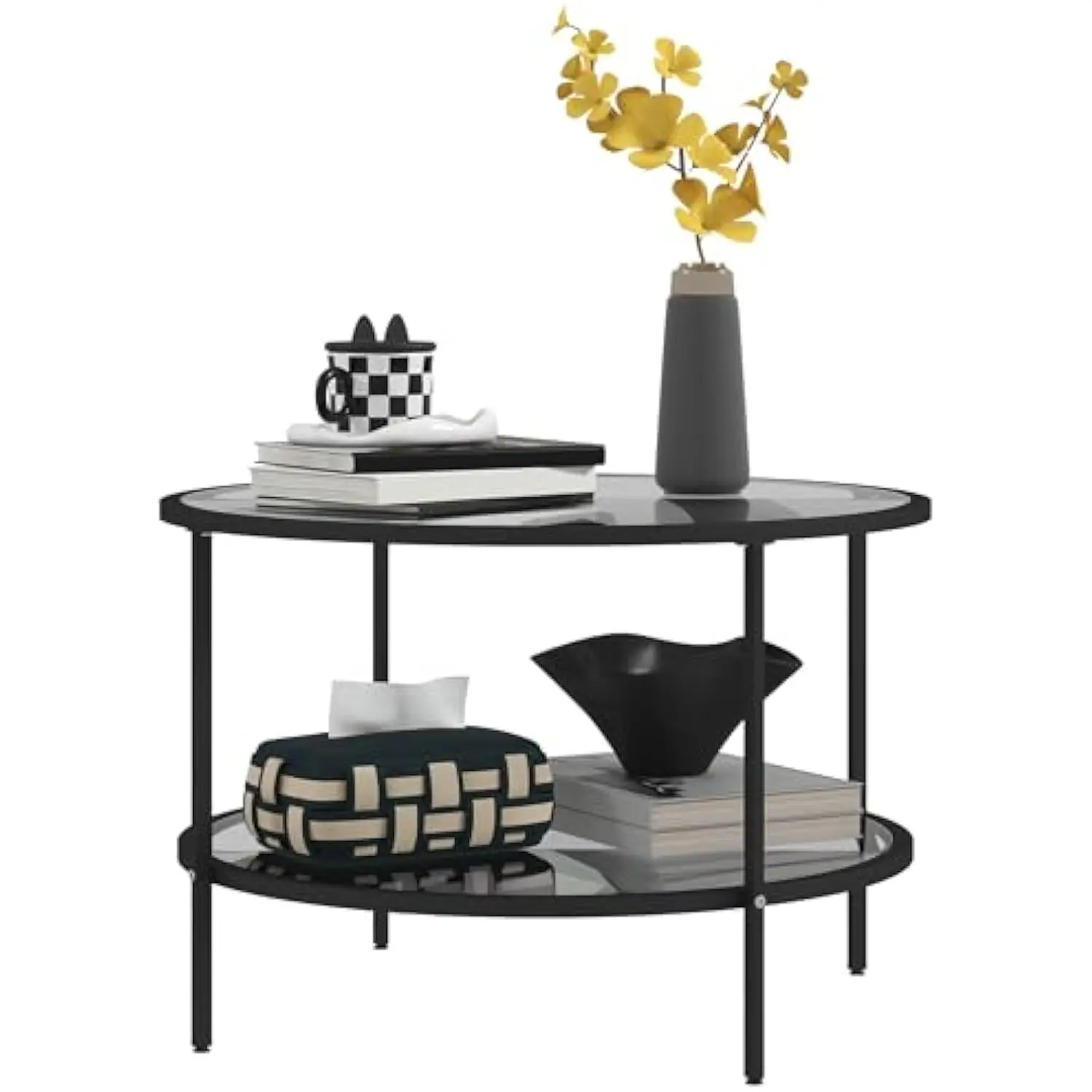 

Side Table with Storage, 26 Round End Table, 2 层 Tempered Glass Coffee Table with Steel Frame for Living Room, Black