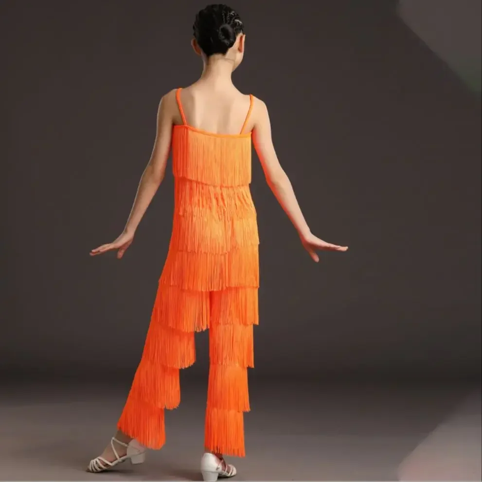 

customized 2Pcs Adult Girl Latin Dance Suit For Women Ballroom Fringe Tassel Split Top and Pants Set Competition Dance Costume