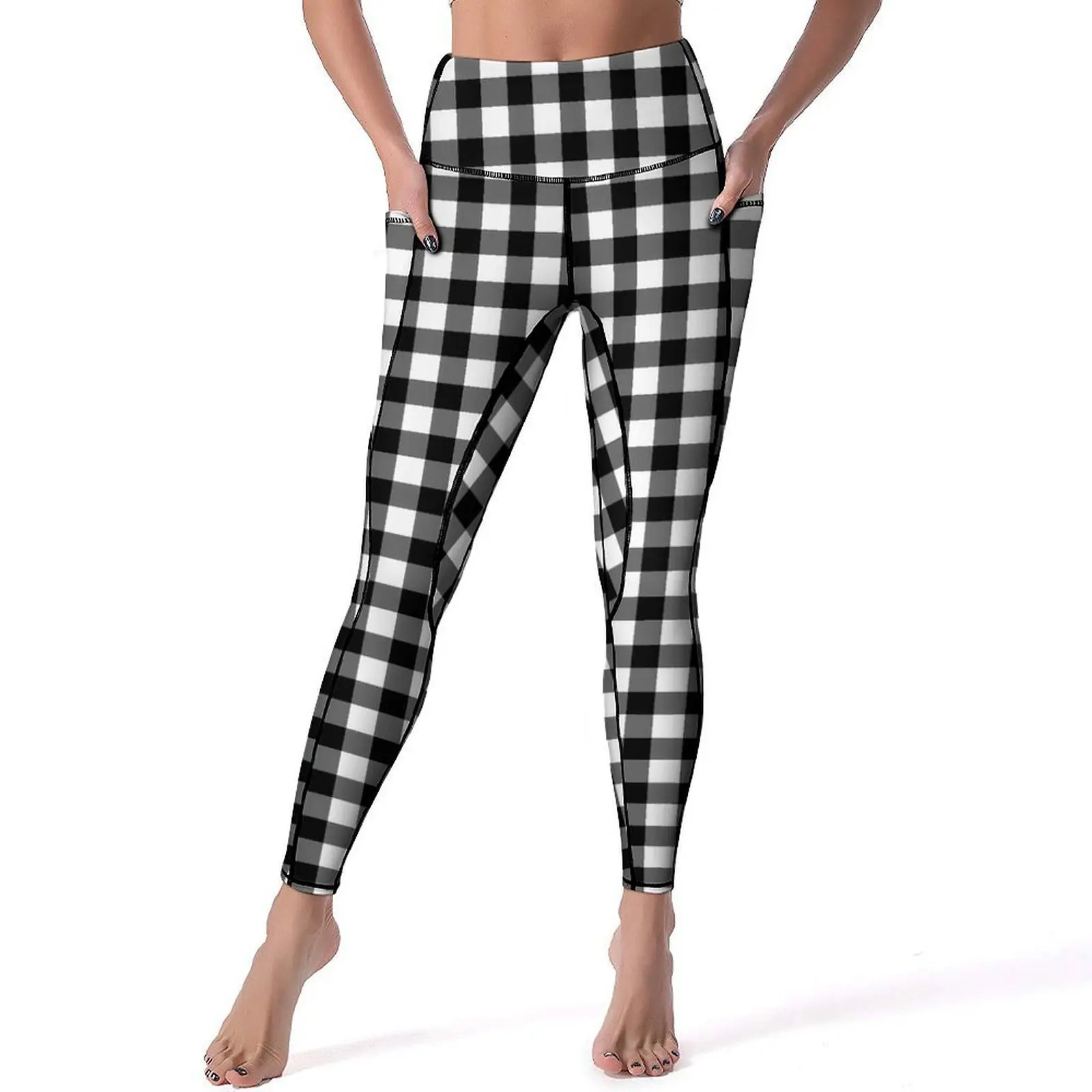 

Retro Check Print Yoga Pants Pockets Black And White Leggings Sexy High Waist Yoga Sport Legging Quick-Dry Design Gym Leggins