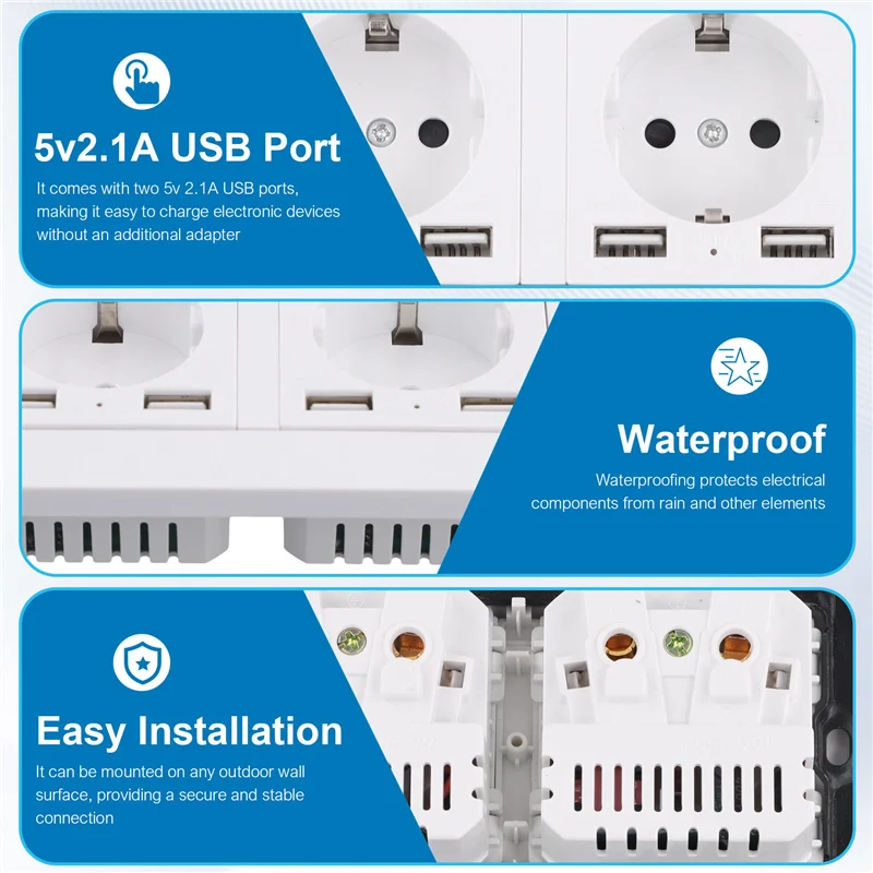 

IP66 16A 250V Waterproof Outdoor Wall Power Socket Box Electrical Double Outlet With 2USB For Home Garden German-Style