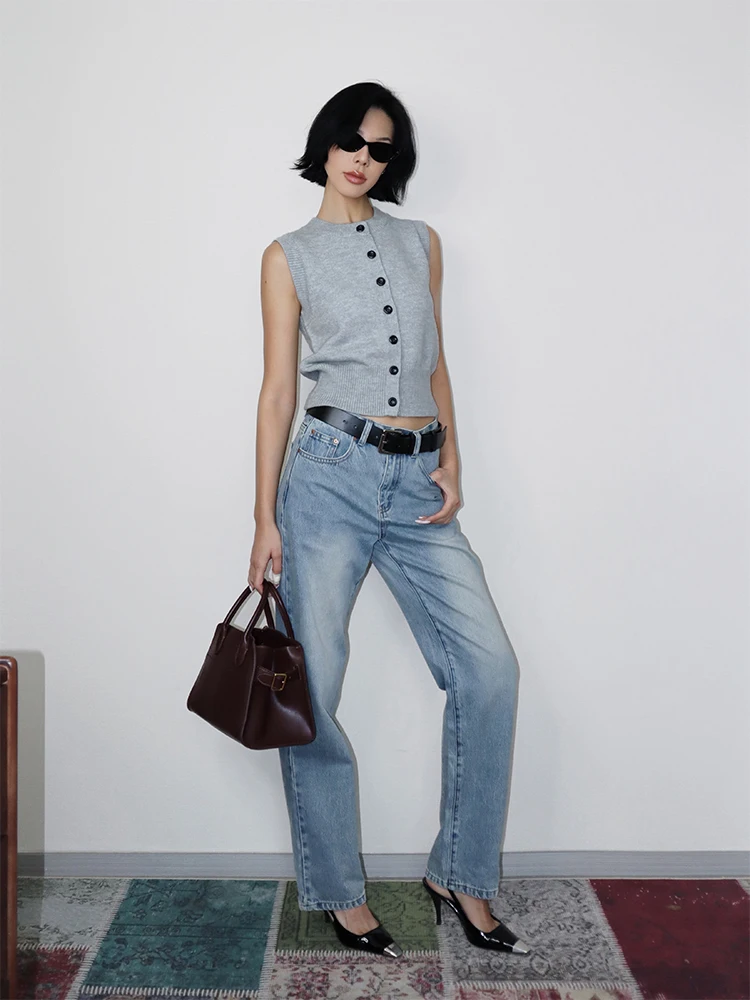 

Classic Blue Straight Leg Loose Women's Jeans Fashionable Autumn Winter Vintage Trousers Low Waist Long Pants Denim Fabric