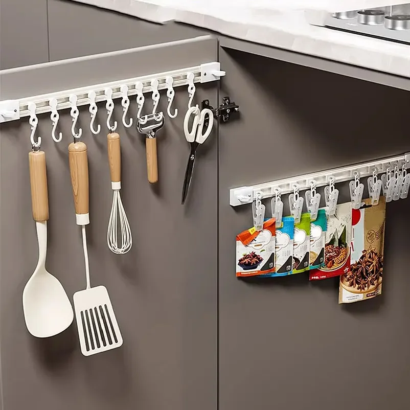Kitchen storage sliding track hook, cabinet door storage hook, non perforated cabinet door rear storage shelf, wardrobe hook