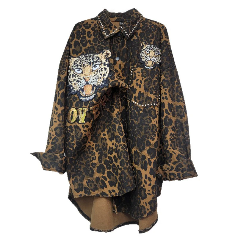 WTHT Trendy New Women's Spliced Leopard Rivet Loose Shirt 2025 Summer Fashion Turn-down Collar Long Sleeve Blouse Female 1LS2179