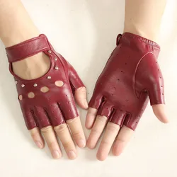 Guantes de cuero de medio dedo para mujer, finos, de una sola capa, huecos, transpirables, para primavera y verano, conducción al aire libre, guantes para conducir