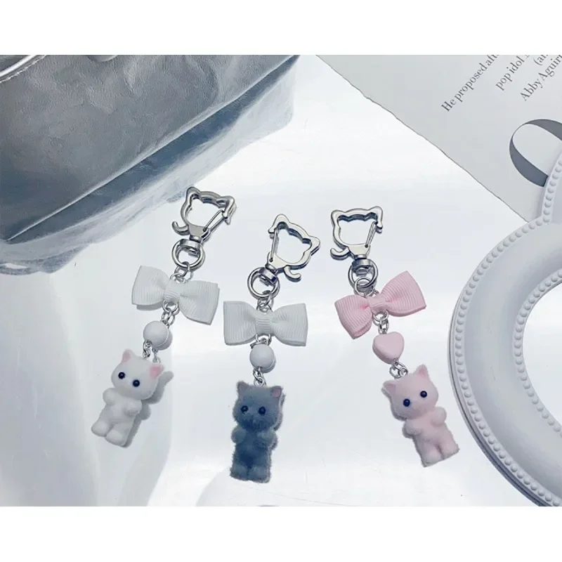 Cute Flocking Cat Keychain 3D Backpack Bow Bracelet Phone Pendant Headphone Case Charm Bag Decor Car Key Ring Jewelry Gift