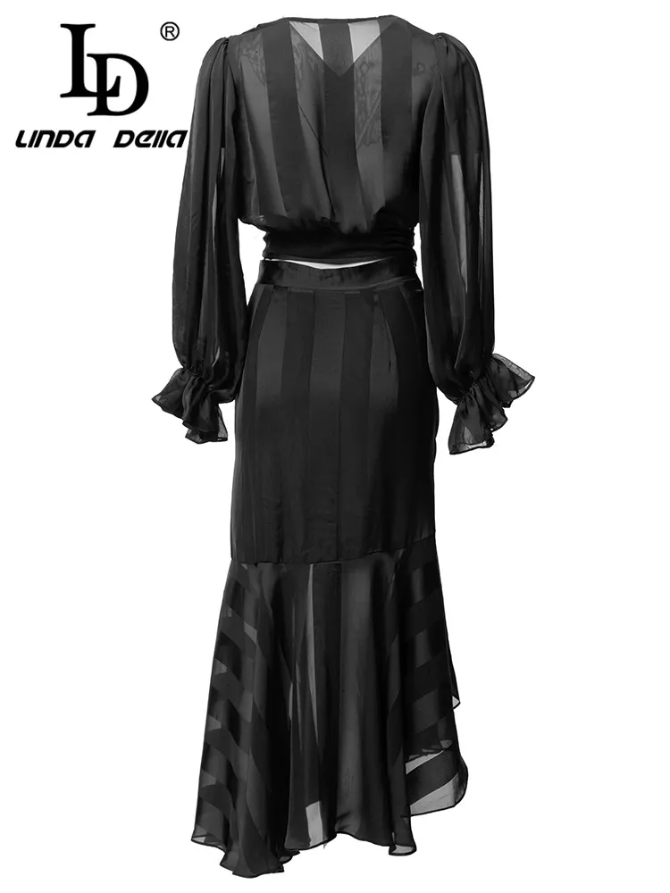 

LD LINDA DELLA Fashion Designer Spring Skirts Suit Women V Neck Belted Top + Balck Slim Mermaid Skirts Two-piece set