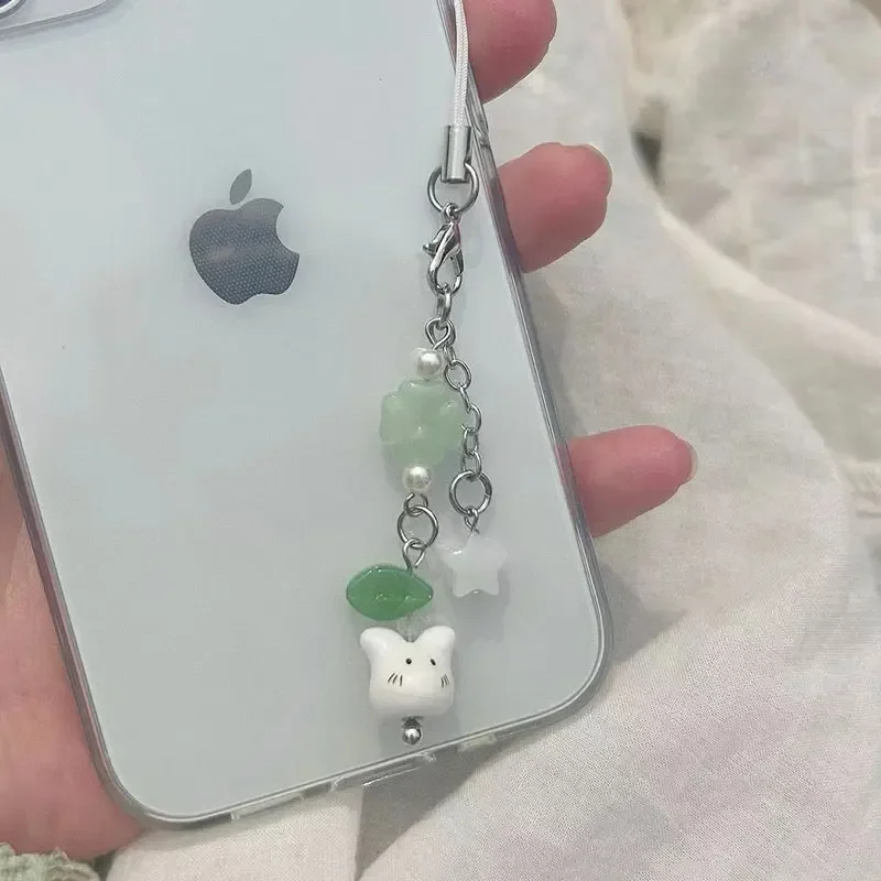 Handmade Four Leaf Clover Beaded Phone Charm Y2K Cute Ceramics Cat Backpack Keychain Bag Key Ring for Girls Christmas Gift image 3