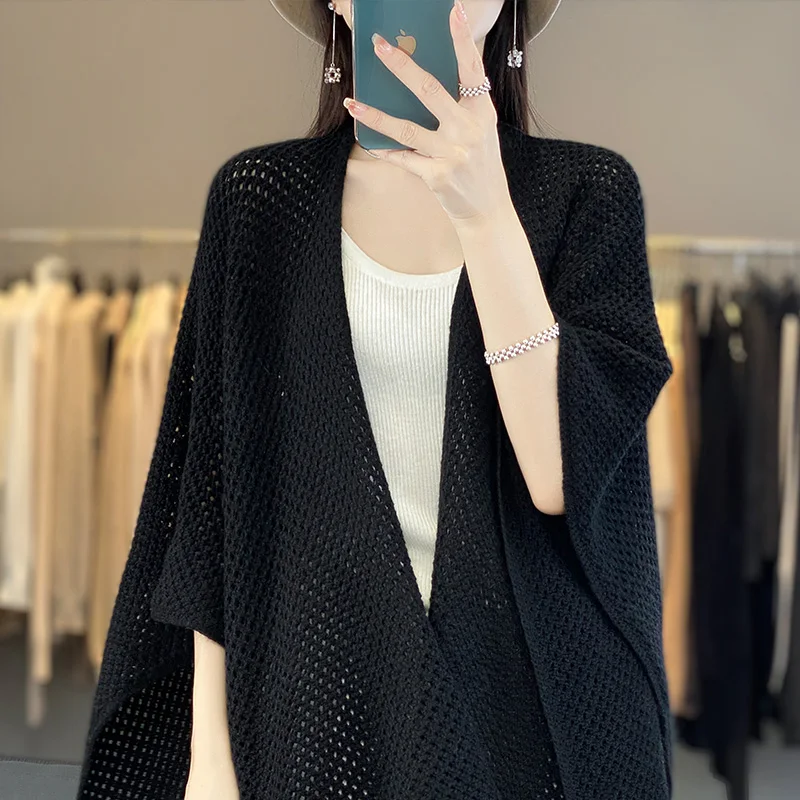 New 100% Australian wool women\'s shawl solid color knitted long style women\'s hollow wool shawl summer thin style versatile and