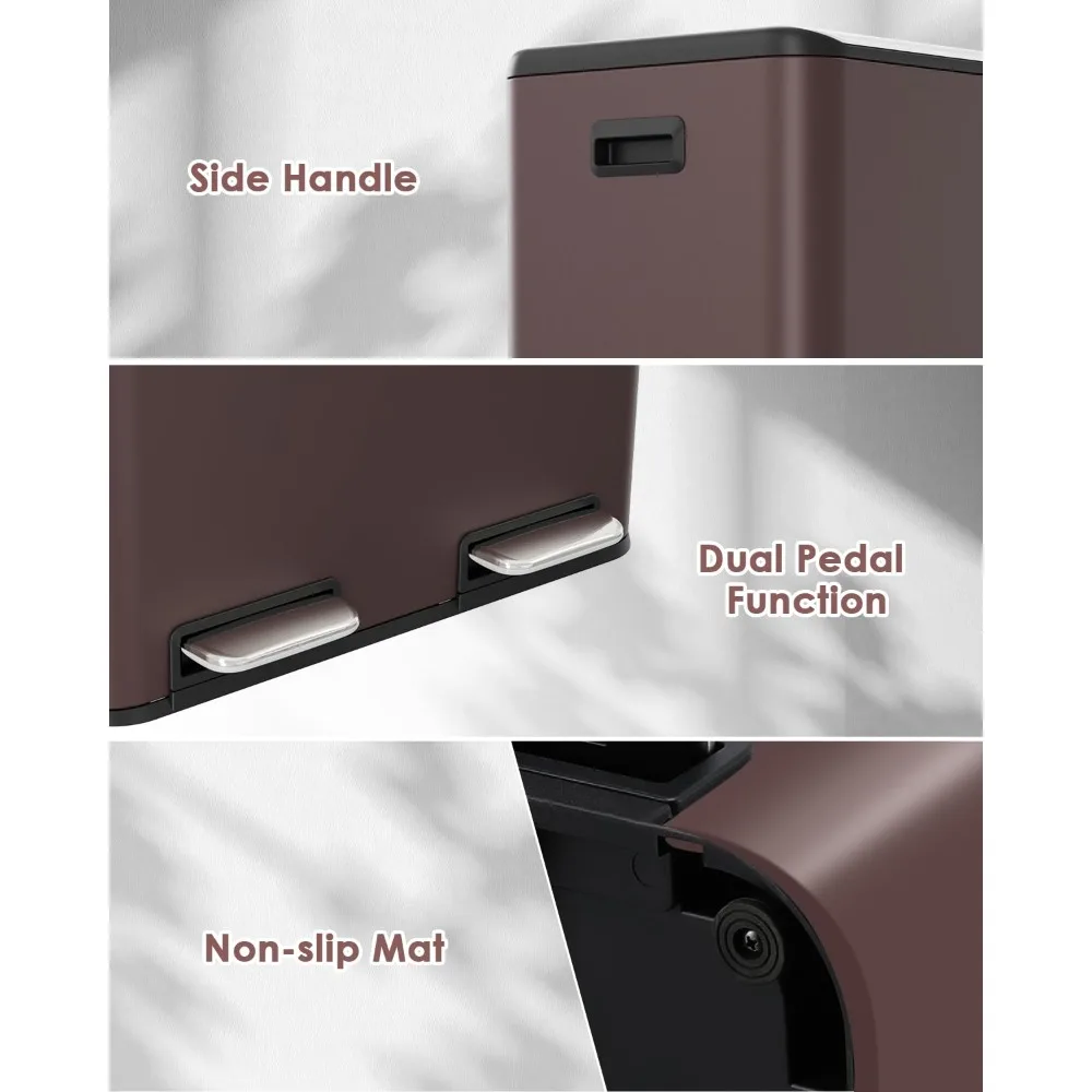 سلة مهملات مزدوجة Arlopu سعة 16 جالون مع صندوق مدمج للتحكم في الرائحة، سلة قمامة المطبخ بدون استخدام اليدين، سلة مهملات إعادة التدوير، إغلاق ناعم