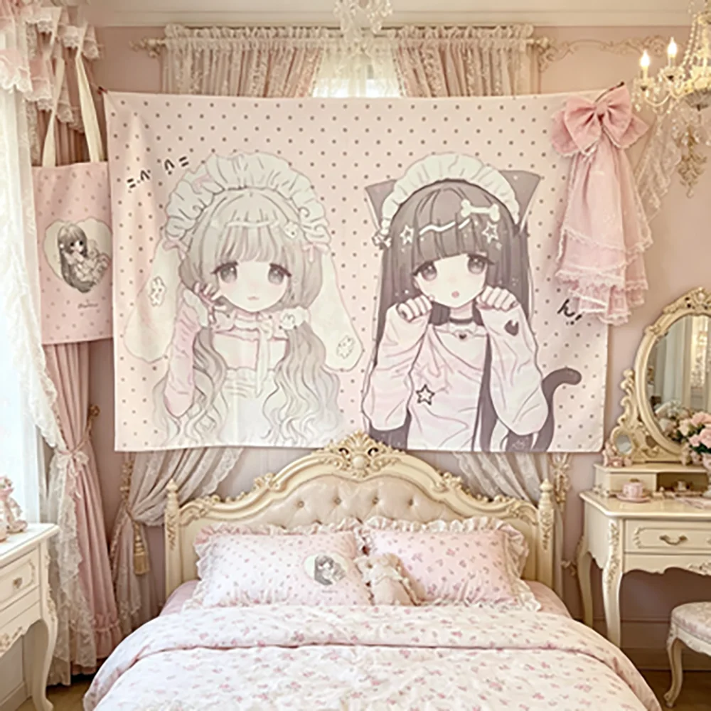 Pink Japanese-Style Cute Girl Tapestry Wall Hanging Double-Sided Lolita Best Friend Indoor Decorative Art Poster