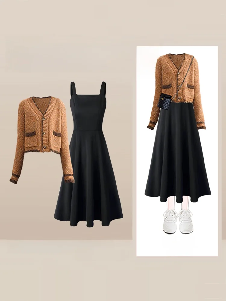 Winter Women's Knitted V-ne Dr And Top Set Color Blo Long Sve Casual Faion Outfit Two-piece Suit French Sle