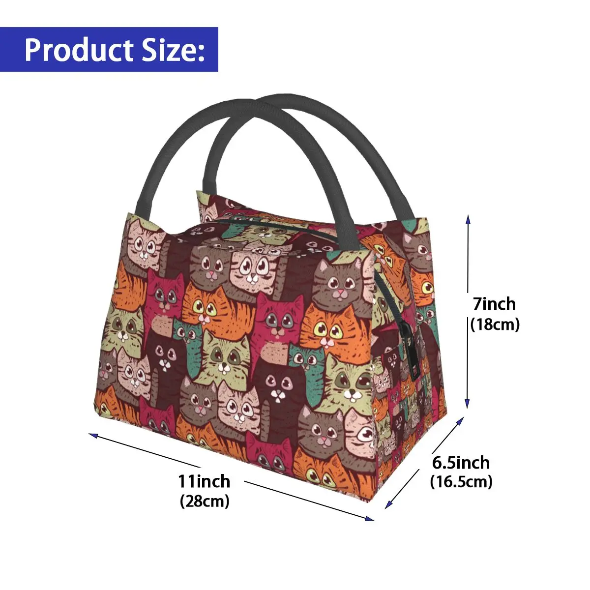 Fiambrera portátil con cremallera, bolsa térmica con diseño de dibujos animados de gatos coloridos, animales, bolso de mano estético