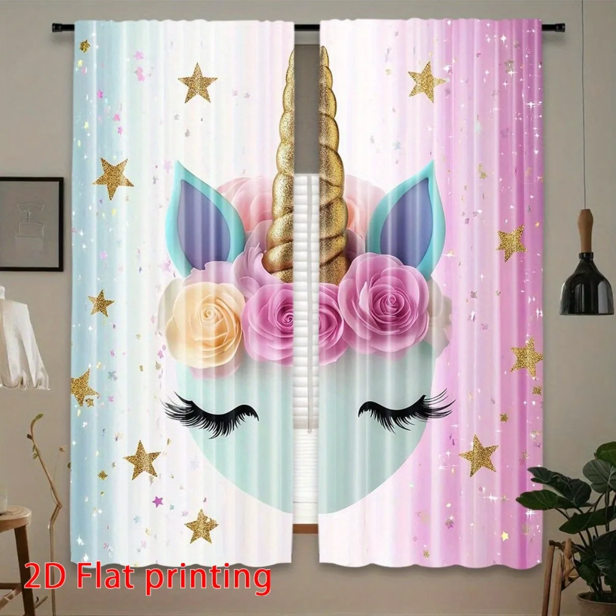 Unicorn Face Curtain, Cute Rainbow Floral Horn Pattern Drape Fantasy Star Window Treatment for Kids Room Bedroom Girl Home Decor