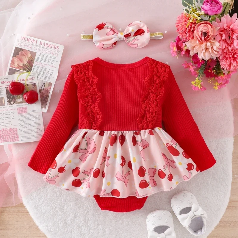 Autumn Newborn Baby Girls Rompers Clothes Lace Trim Ribbed Floral Print Long Sleeve Bowknot Jumpsuits Skirts Headband Outfits