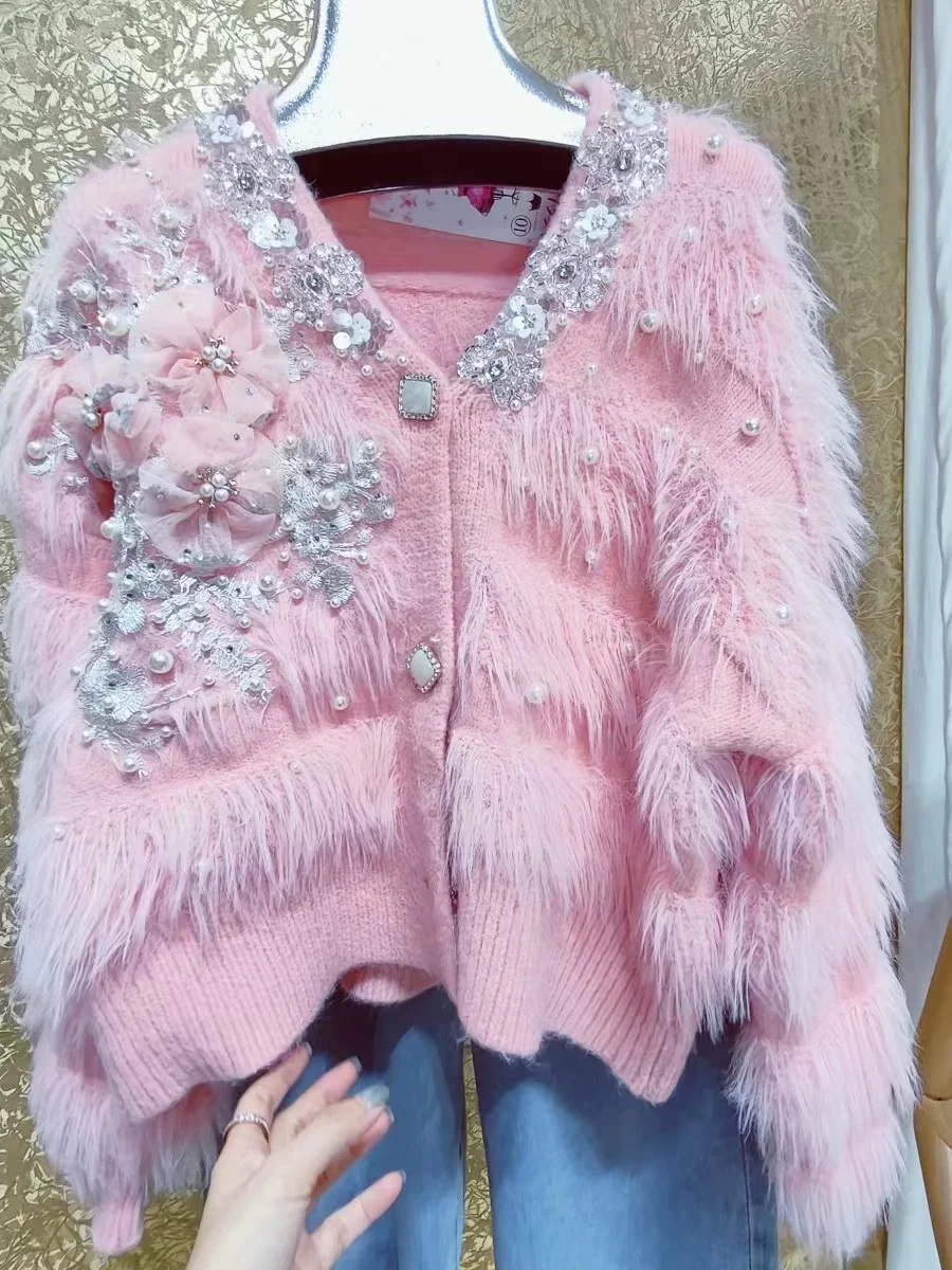 Heavy Industry Pearl Beaded Sequin Flower Stitch Pink Sweater Women Tops Autumn Winter Knitted Cardigan Coat Woman Clothing